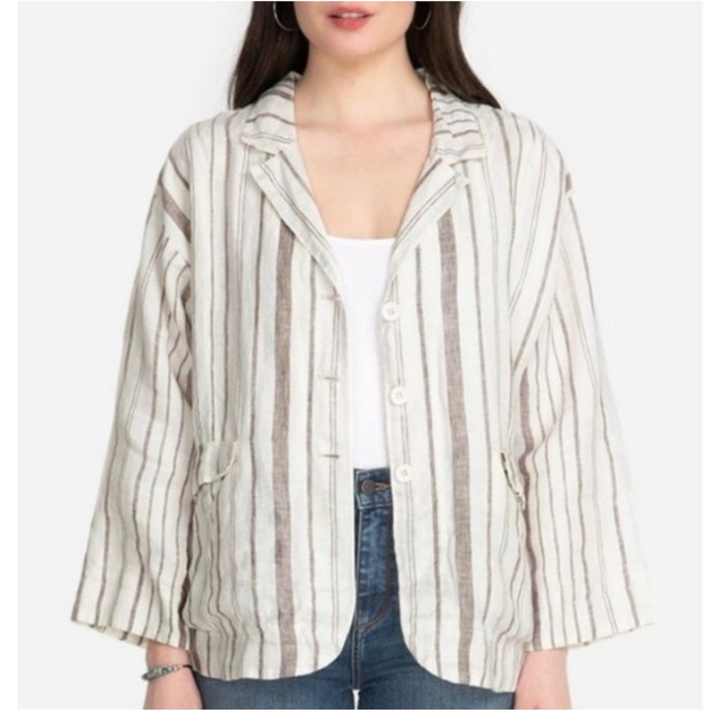Johnny Was Zona Ivory/Taupe Stripe Linen Oversized Blazer Jacket Womens XL Relax